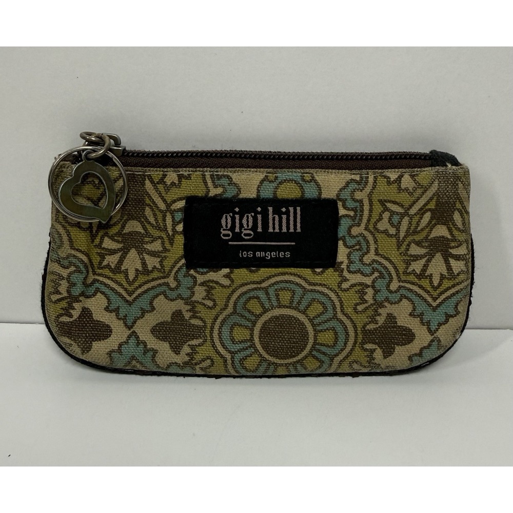 gigi hill Floral Zip Wallet Coin Pouch with Heart Accent Brown Green Women